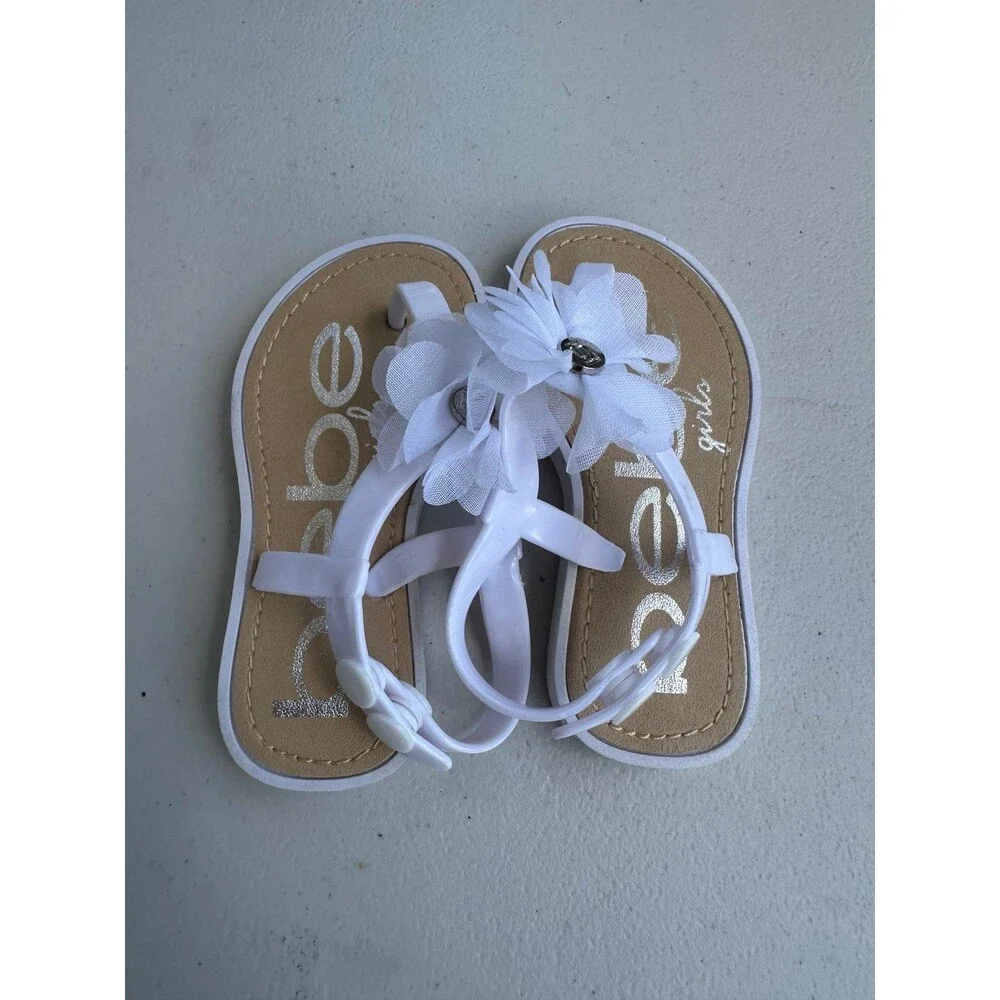 NWOT Bebe Girls' Baby White Chiffon Flower Snap Straps Jelly Thong Sandals S 5/6
